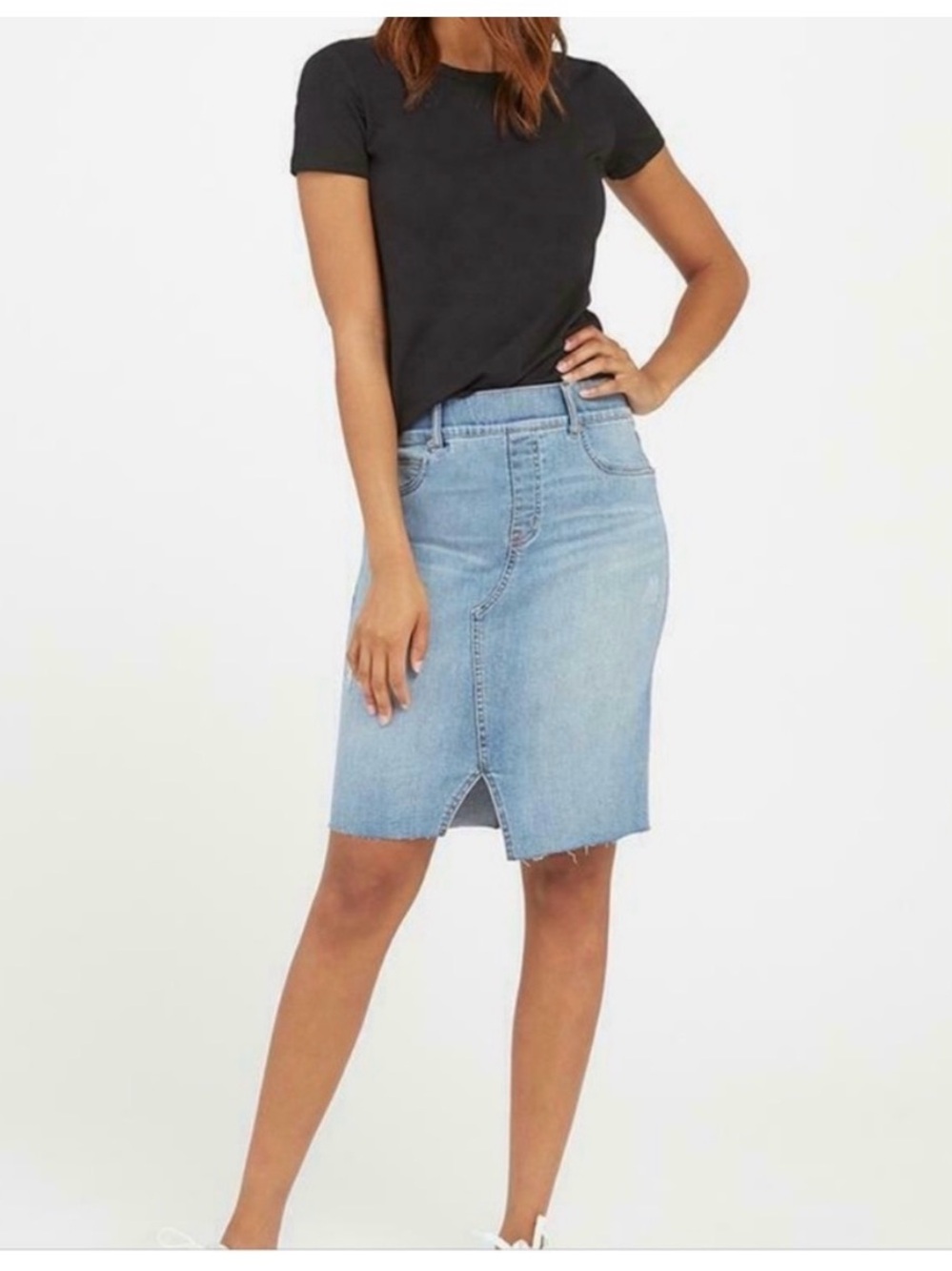 Spanx distressed pull-on denim skirt asymmetric slit front size M EUC